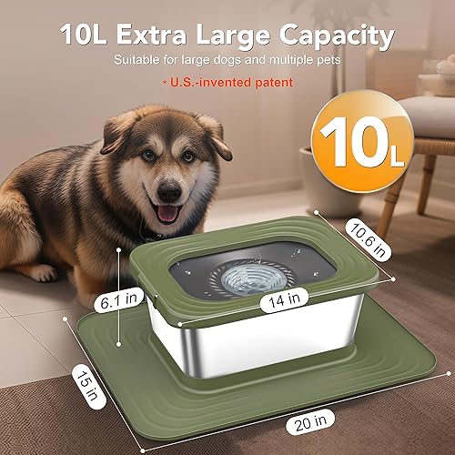 Miniatura 2 de Decflow Cuenco de agua para perros de acero inoxidable de 10 L, sin derrames, antisalpicaduras con alfombrilla de silicona XXL, alimentador lento a