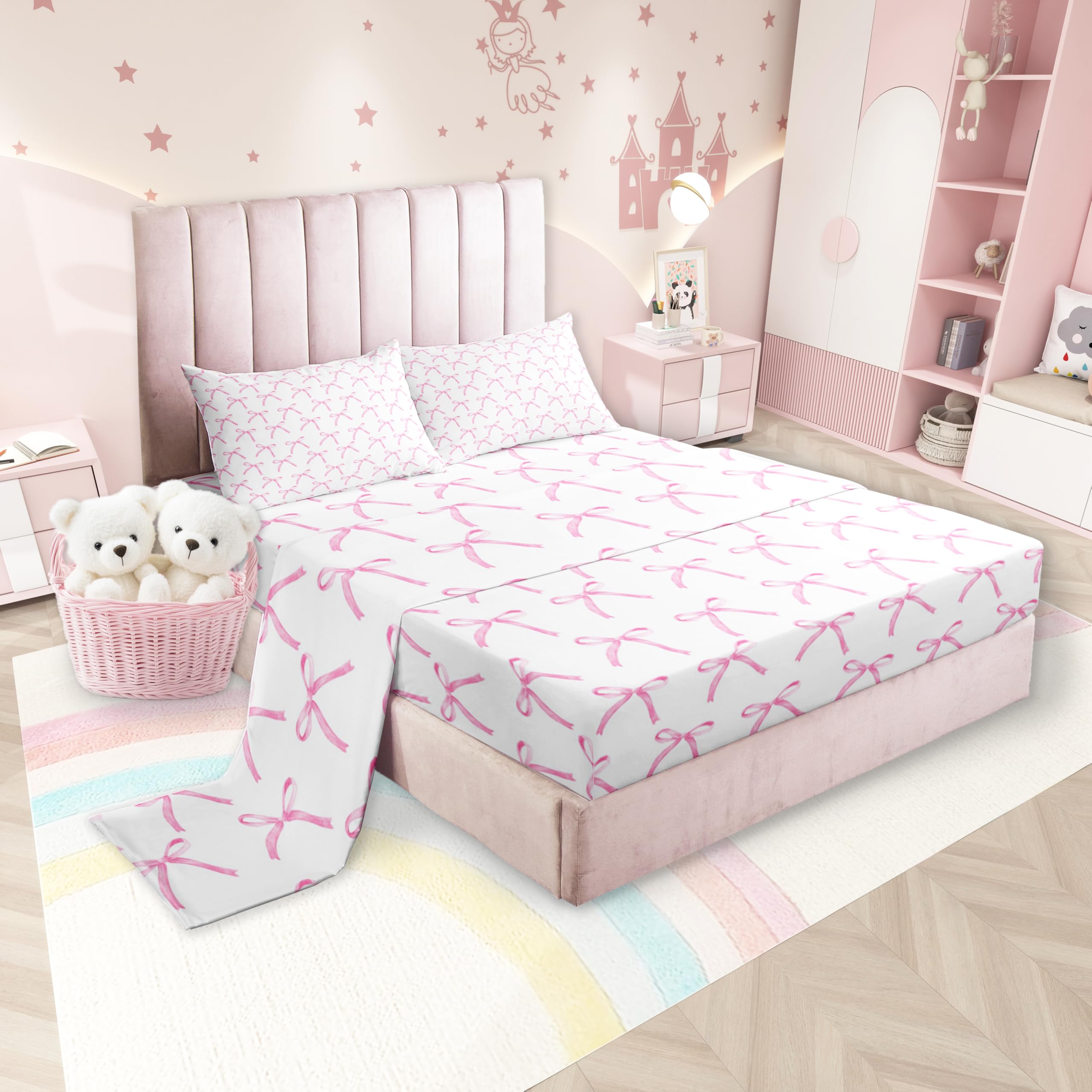Manfei Cherry Bowknot Queen Size Bedding Set - 4pc Pink Bow Princess Sheets (Fitted, Flat, 2 Pillowcases)