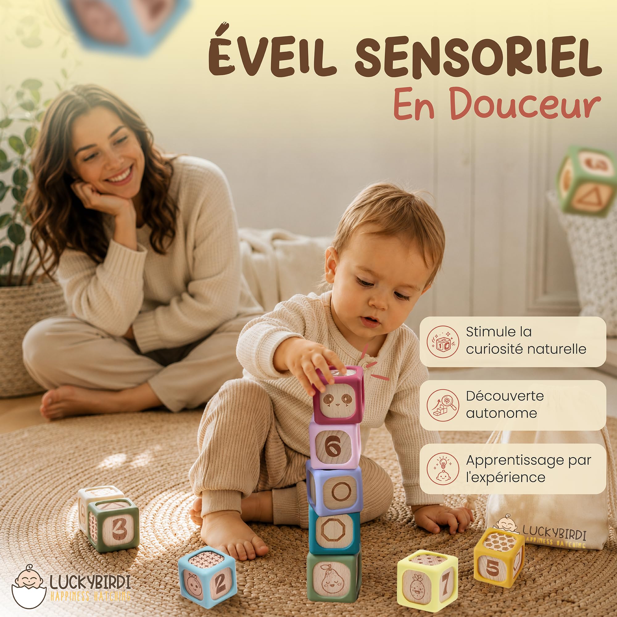 Cubes Empilables Bébé Montessori 6-24 Mois – Jouet Sensoriel Bois & Silicone sans BPA – Motricité Fine & Dentition – Cadeau Naissance – 9 Pièces