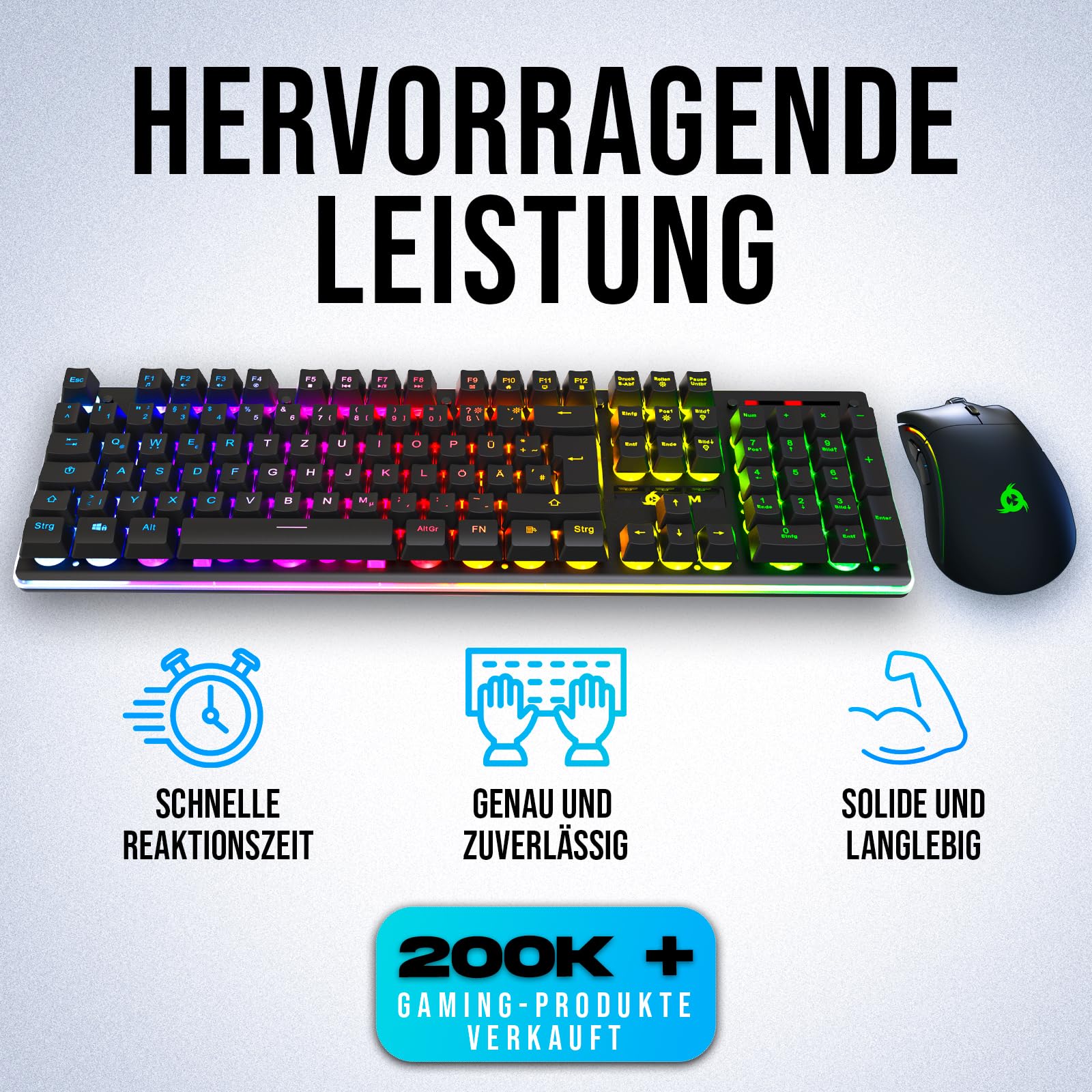 KLIM Thunder QWERTZ DE Layout Ensemble Clavier et Souris de Jeu sans fil - Clavier rétroéclairé sans fil avec batterie intégrée longue durée + Souris de jeu RGB 4800 DPI pour PC