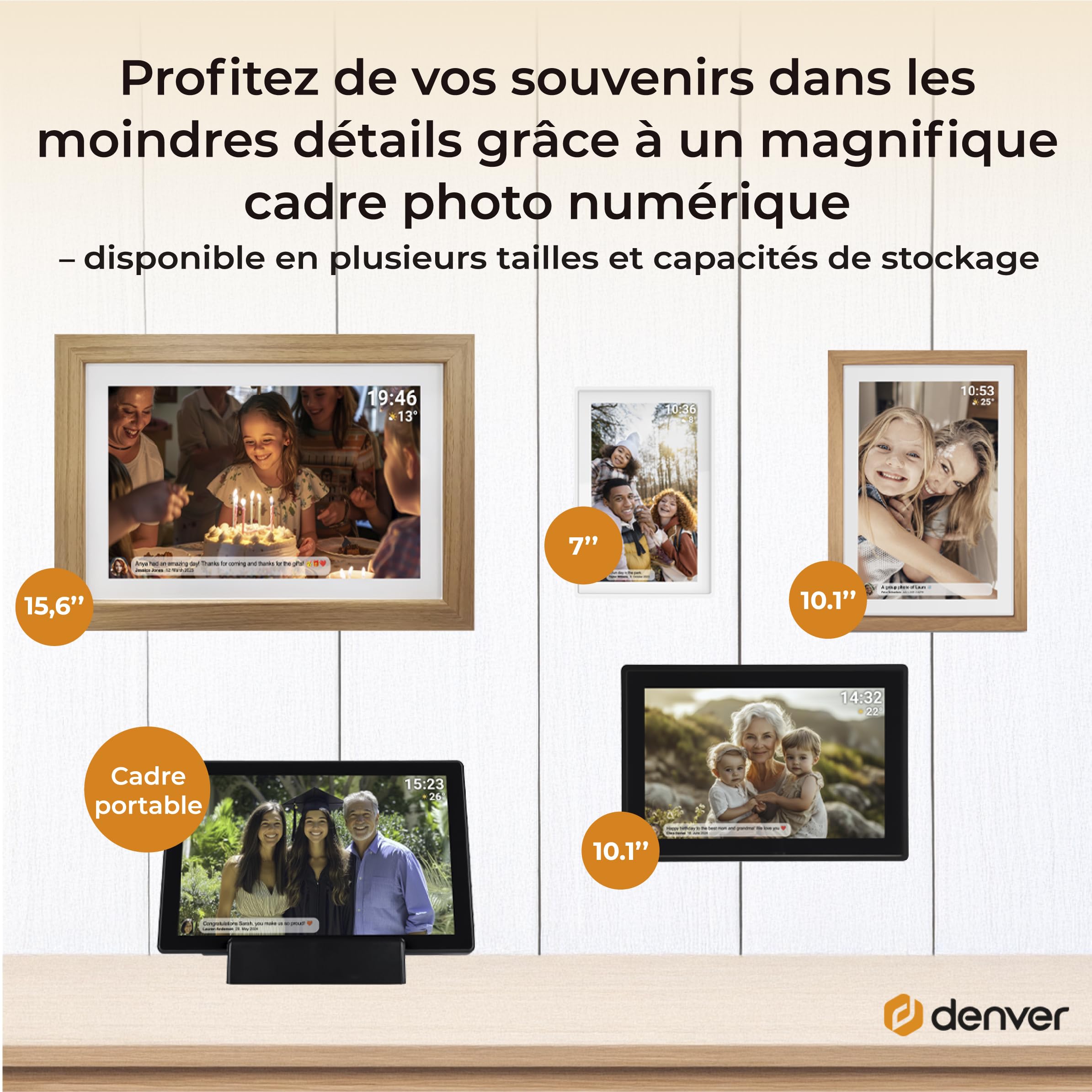 Denver PFF-1042LW Cadre Photo numérique Wi-FI FRAMEO 10,1 Pouces, écran Tactile IPS 1280 x 800, mémoire 16 Go, Application iOS/Android, Bois Clair