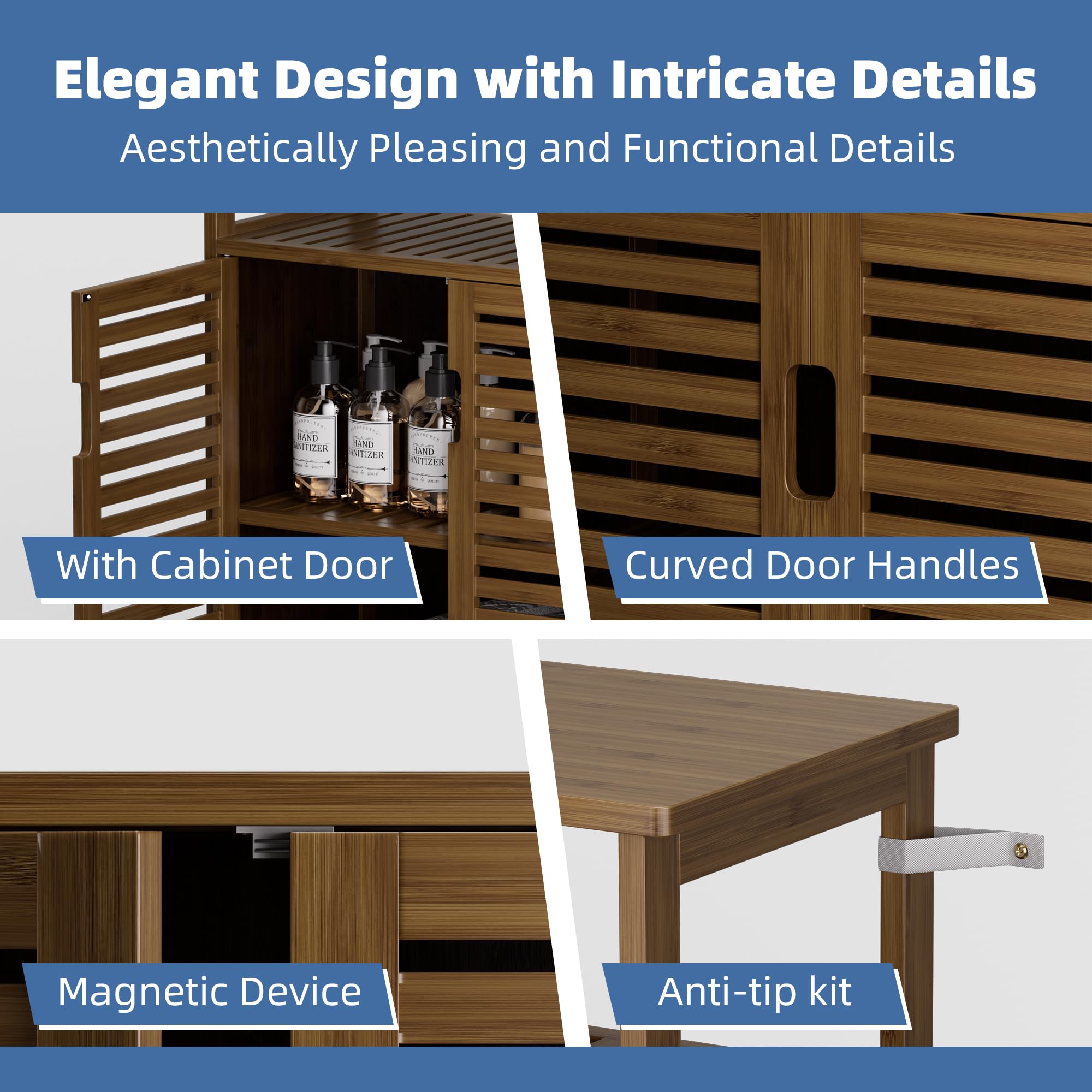 HITNET Mueble Baño Bambu, Armario Bajo Baño Auxiliar, Gabinete de Almacenamiento Independiente con Doble Puerta y Compartimentos Abiertos, para Sala de Estar, Cocina, Entrada, Nogal
