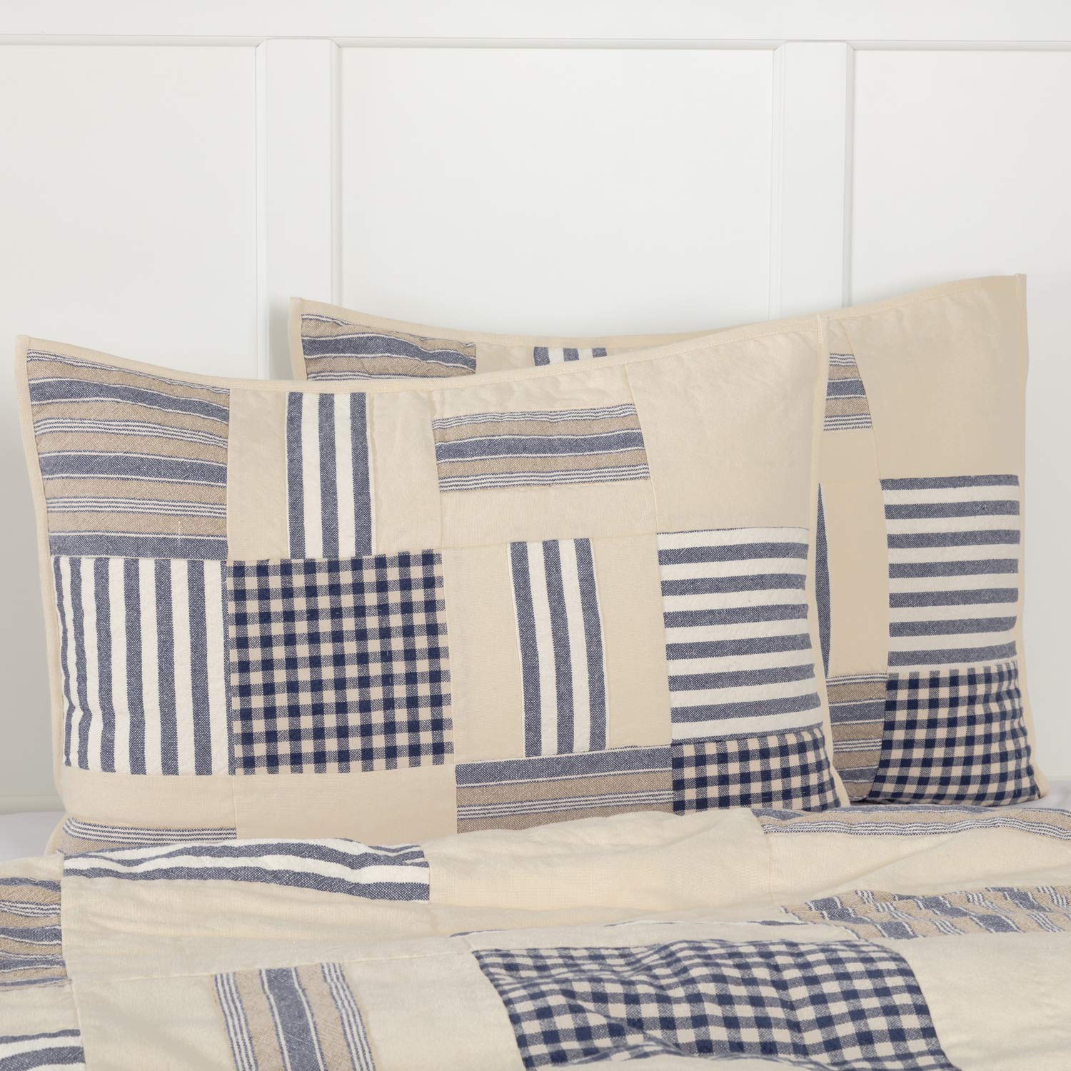 Piper ClassicsDoylestown Blue Standard Size Patchwork Bed Pillow Sham, Gingham Checks, Grain Sack & Ticking Stripes, Blue & Cream Vintage Farmhouse Bedding, Rustic Country, Cottage Bedroom