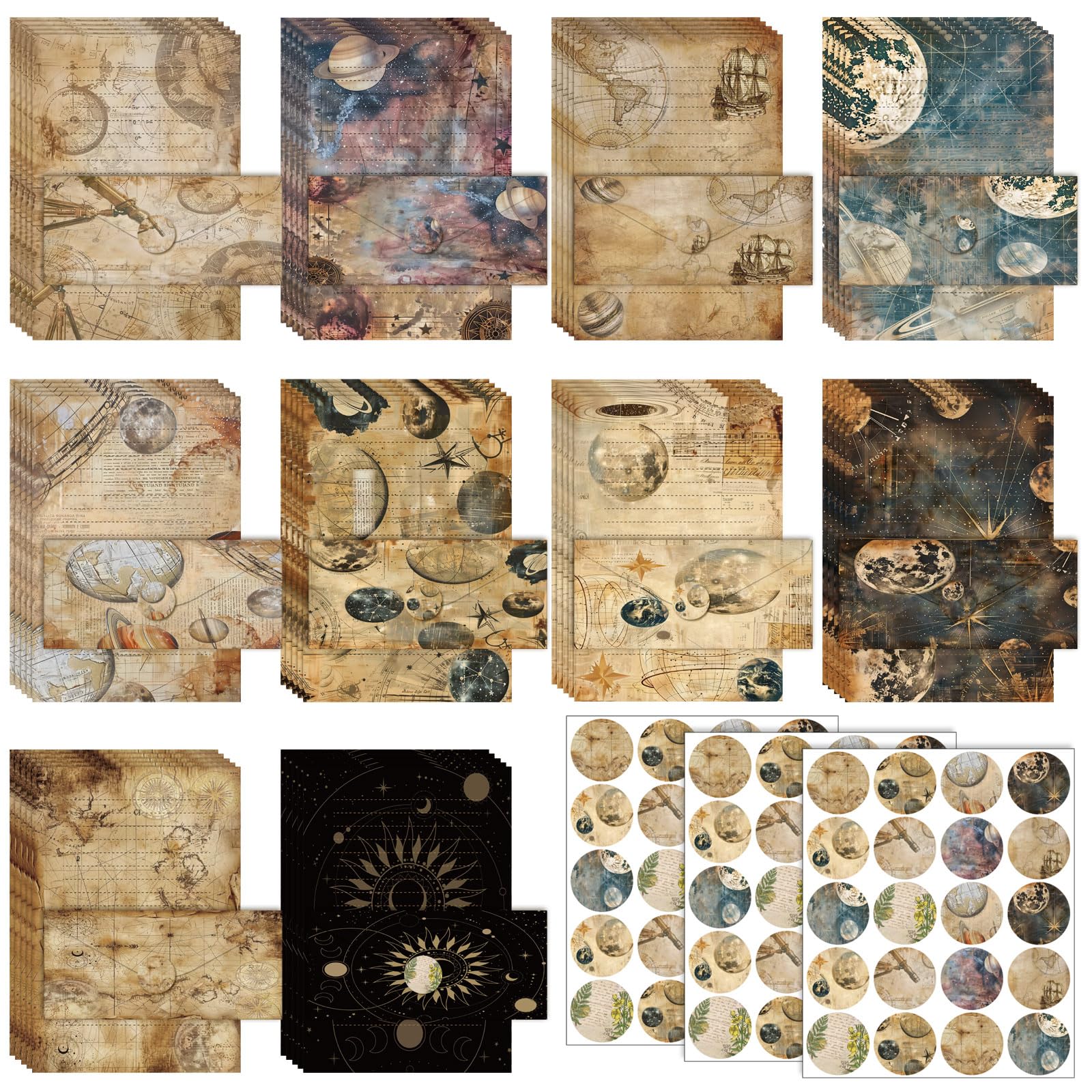 TaoBary 160 Pcs Stationery Paper Set 50 Double Sided Stationery Papers with 50 Matching Envelopes and 60 Round Dot Sticker, 10 Design(Space Moon