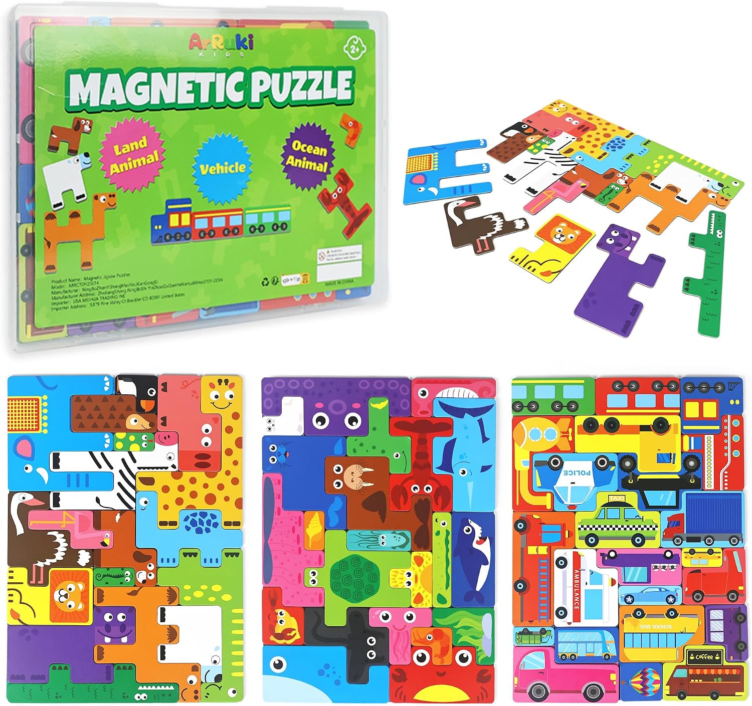 Toddler Magnetic Puzzles, Jigsaw Puzzle for Kids 3-5, Shape Matching Travel Game Animal Puzzles Refrigerator Magnet for Toddlers Learning Vocabulary, Animals, Cars, Ocean