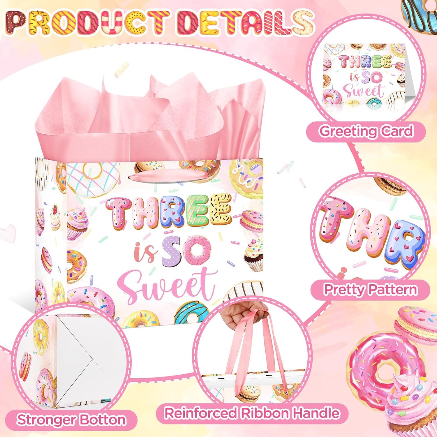 Donut 3rd Birthday Gift Bag for Girls Pink Three is so Sweet Wrap Bag Happy Birthday Wrapping Paper Bag with Greeting Card Tissue Paper for 3 Year Old Girl Ice Cream Candy Baby Shower Party Supplies image 5