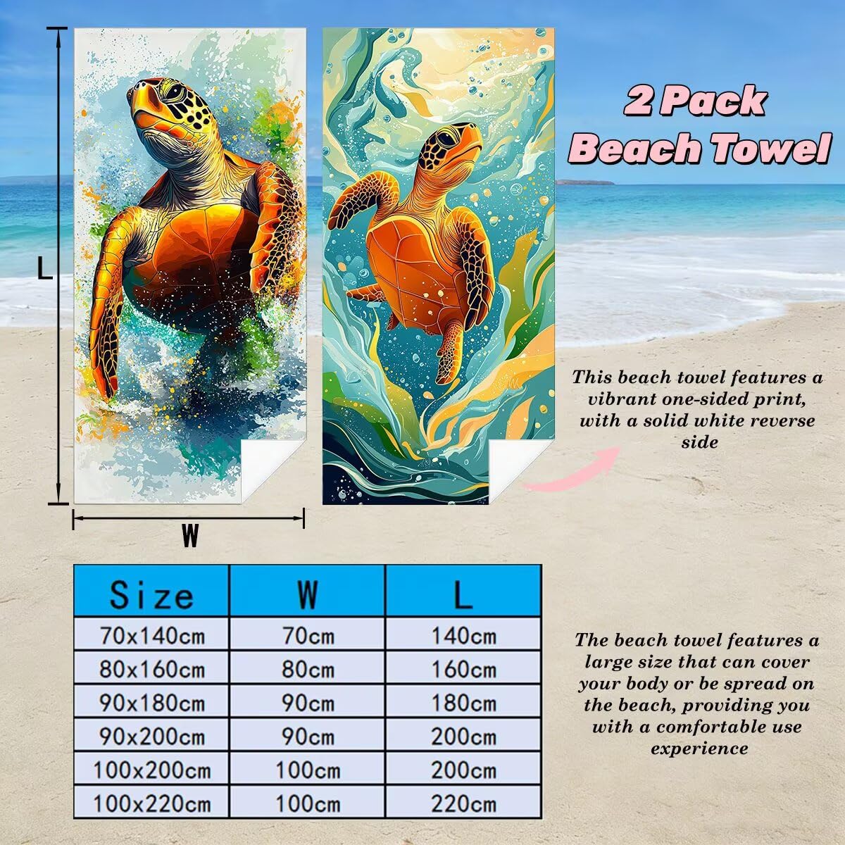 Ręcznik plażowy XXL, 100 x 220 cm, zestaw 2 sztuk, z mikrofibry, żółw, szybkoschnący, do sauny, fitness, bez piasku, ręcznik plażowy, do sauny, duży na prezenty -4501