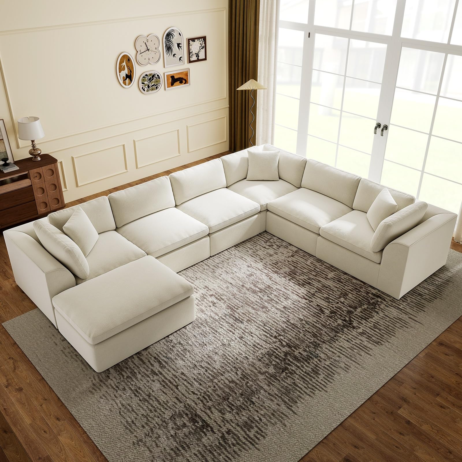 7 Seater Modular Sectional Couch,Modern L/U Shaped Boneless Sectional Sofa with Ottoman,Chenille Cloud Couches for Living Room,Beige