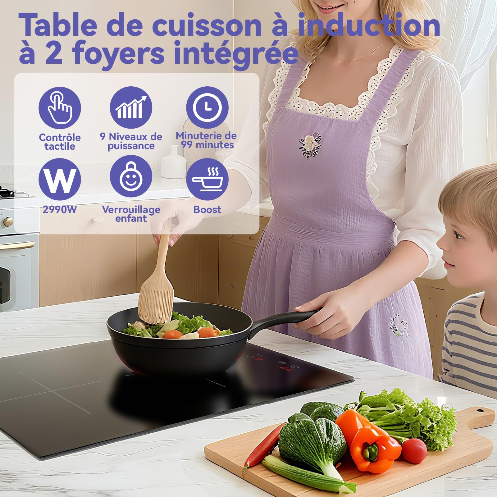 Placa de Inducción STARCHARTS 2 Fuegos Empotrable 2990W con Enchufe | Boost, mantiene caliente, temporizador 1-99 min, control táctil, bloqueo infantil, 9 niveles y enchufe