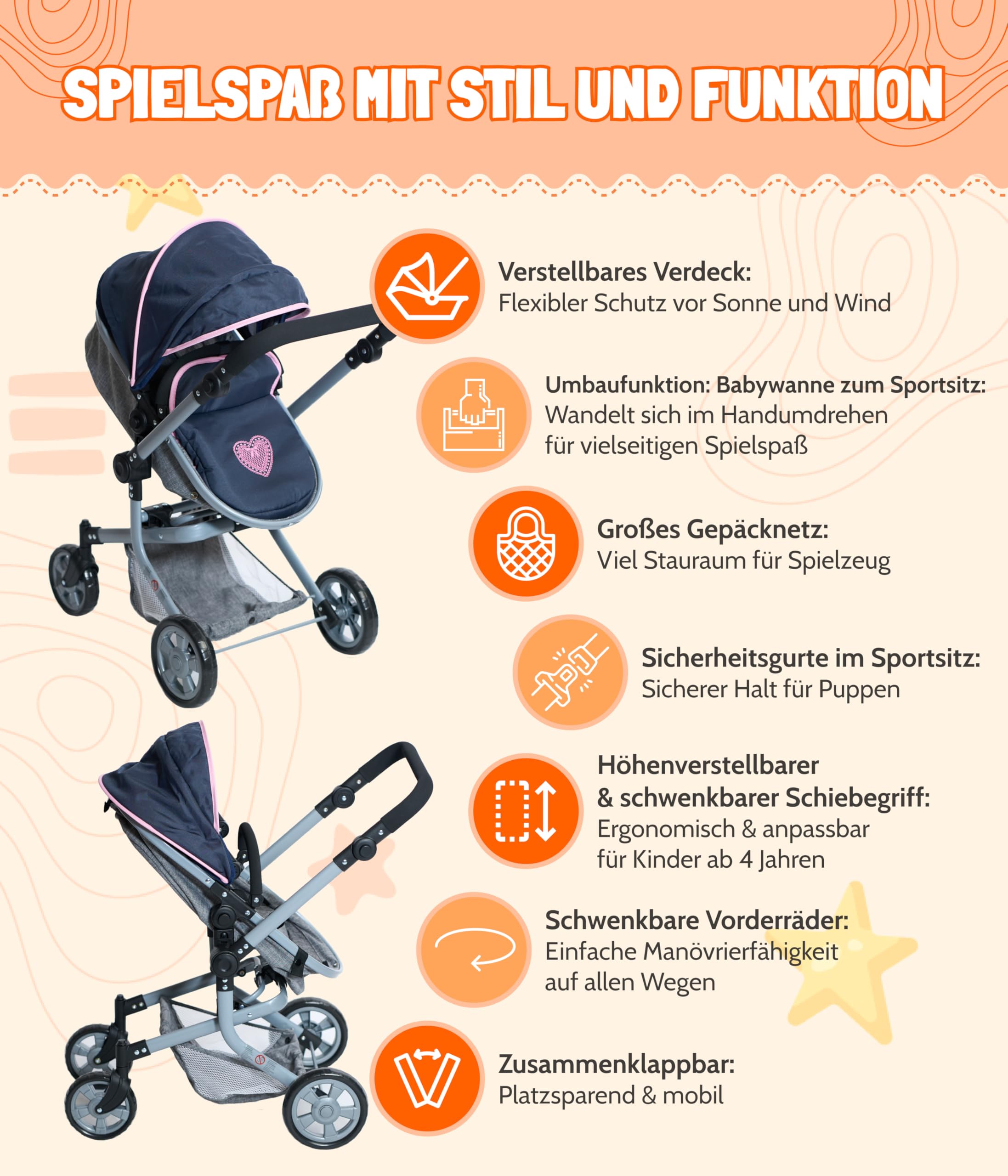 Bayer Chic 2000 - Passeggino per bambole Mika, passeggino combinato 2 in 1 per bambini dai 4 agli 8 anni, passeggino per bambole fino a 52 cm, orsetto, rosa, 73 x 41 x 82 cm