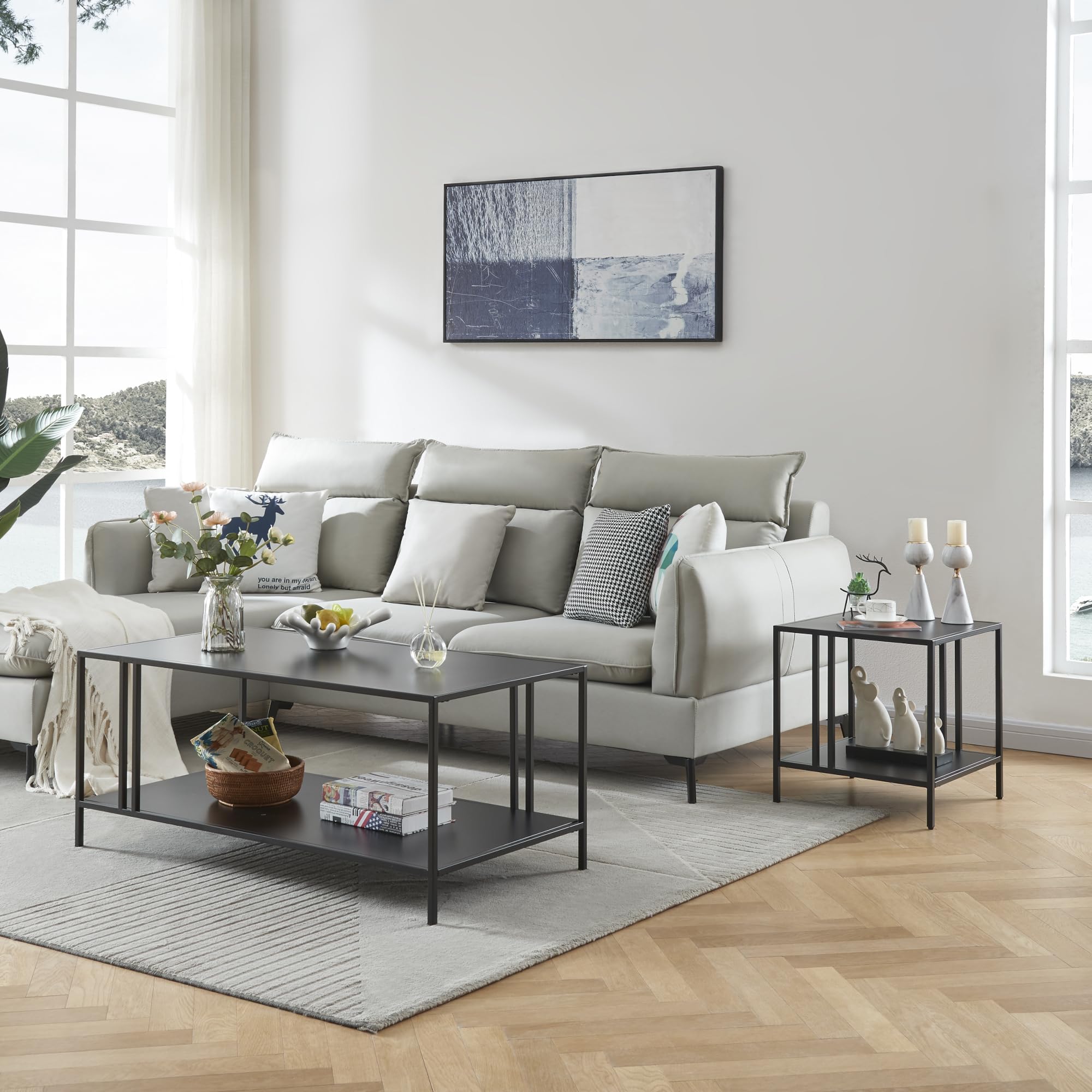 [en.casa] Tavolino da Salotto Tavolino Basso in Metallo Forma Rettangolare Tavolino da Caffè Moderno Decorativo con Ripiano 47 x 110 x 55 cm - Nero