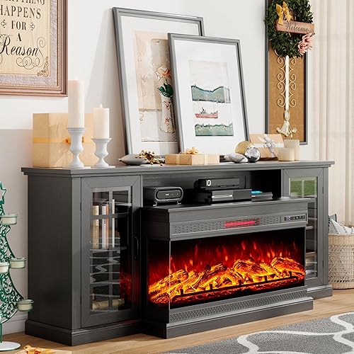 Miniatura 31 de Soporte de TV con chimenea eléctrica de vidrio de 3 lados, centro de entretenimiento multimedia de 59 pulgadas con gabinete de almacenamiento de