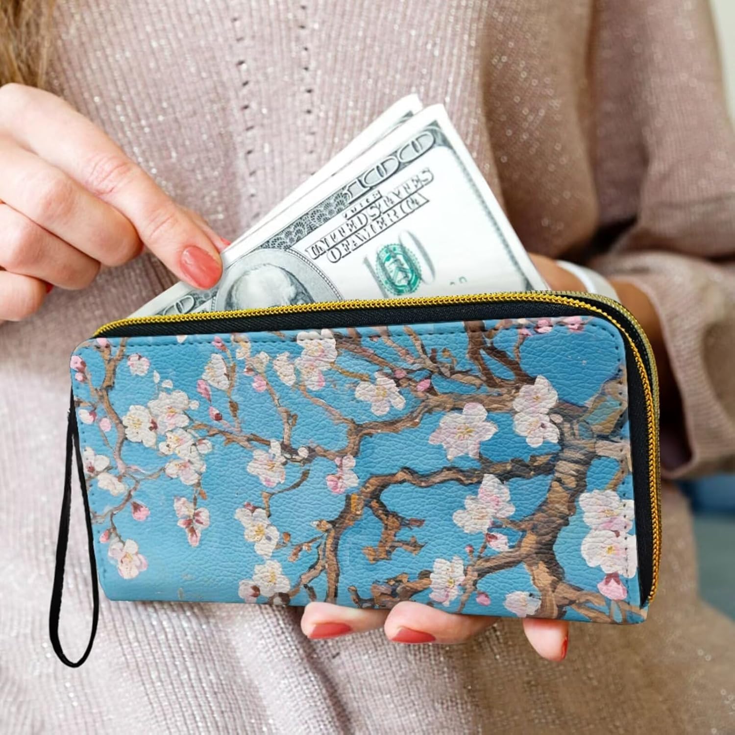 Starry Night Crossbody Bag for Women Oil Painting Artwork Leather Multi Pocket Shoulder Purses with Wristlet Wallet