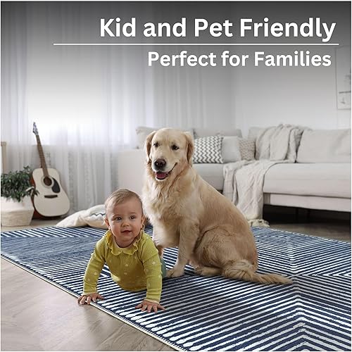 Miniatura 9 de Bloom Rugs Alfombra lavable antideslizante de 2 x 3 pies Alfombra a rayas azules para sala de estar, dormitorio, comedor y cocina, tamaño exacto 2