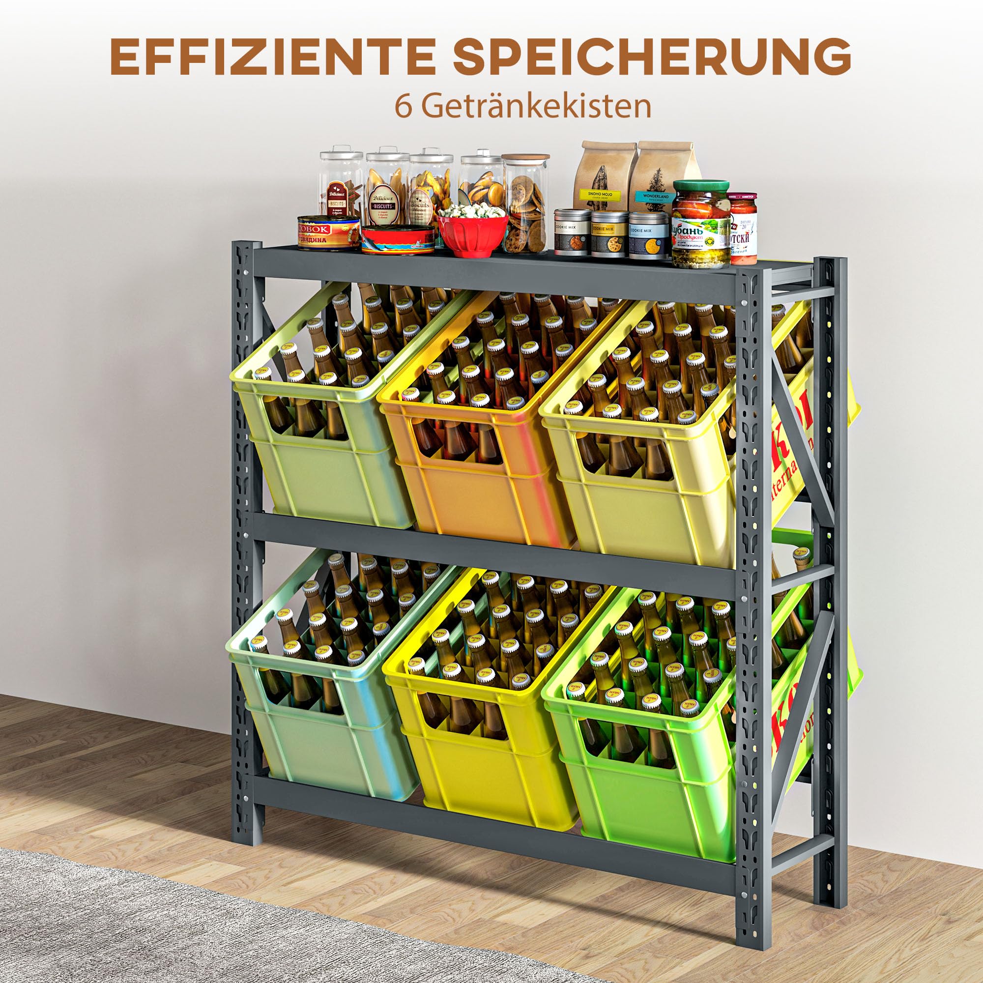HOMCOM Getränkekistenregal für 6 Kisten, Freistehend Kistenregal mit Ablage, Getränkeregal mit Verstellbar Regalhöhe, Kippschutz, 110 x 30 x 110 cm, Stahl, Grau
