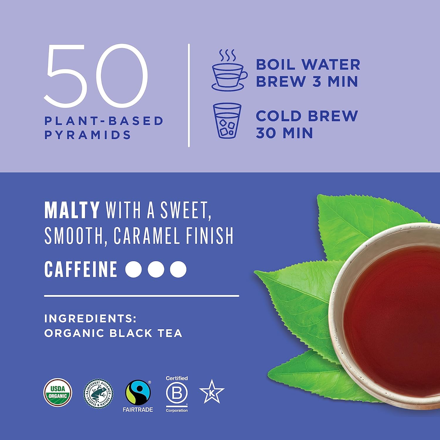 Teatulia Organic Black Tea Bags (50 Pyramid Sachet Teabags) 100% Compostable and Sustainably Grown In Bangladesh. Pure Black Tea Strong English Breakfast