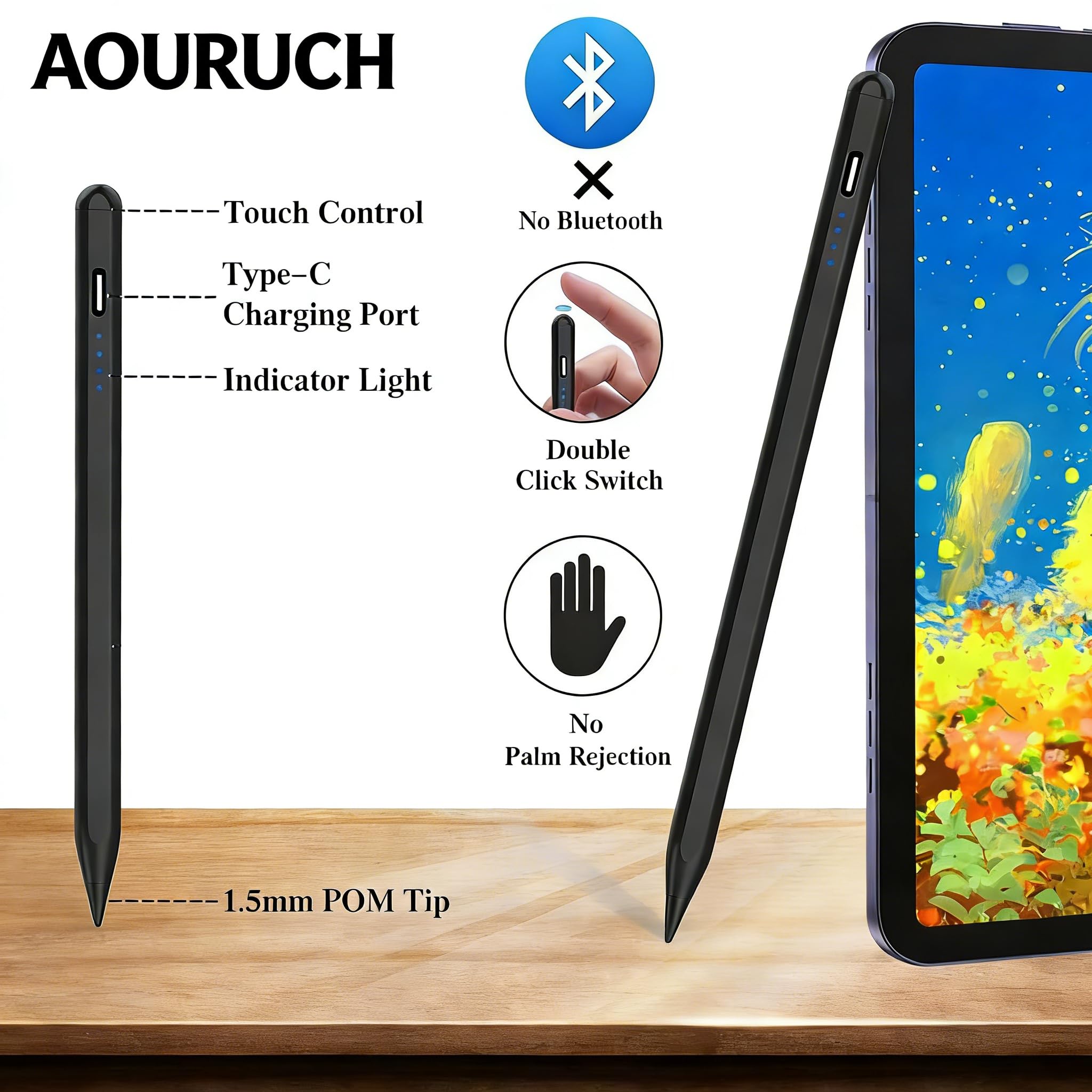 Lápiz capacitivo para iPad 2018-2025 - Pantalla LED de carga rápida (1ª generación) con sensibilidad de inclinación rechazo de palma para iPad Air/Pro/Mini, color negro