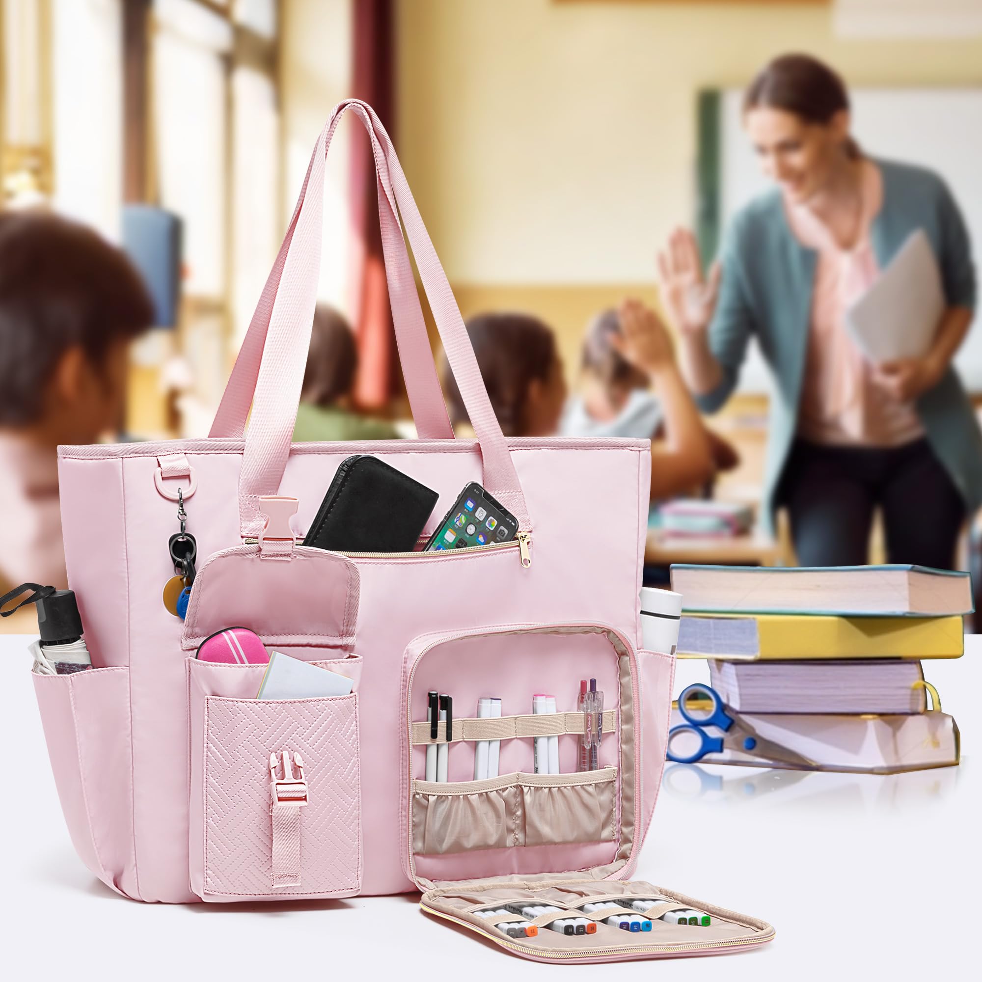 Fasrom Bolsa para Profesora con Compartimento para Portátil 15,6" | Gran capacidad para documentos A3, múltiples bolsillos, banda para maleta, ideal para trabajo, escuela y viajes