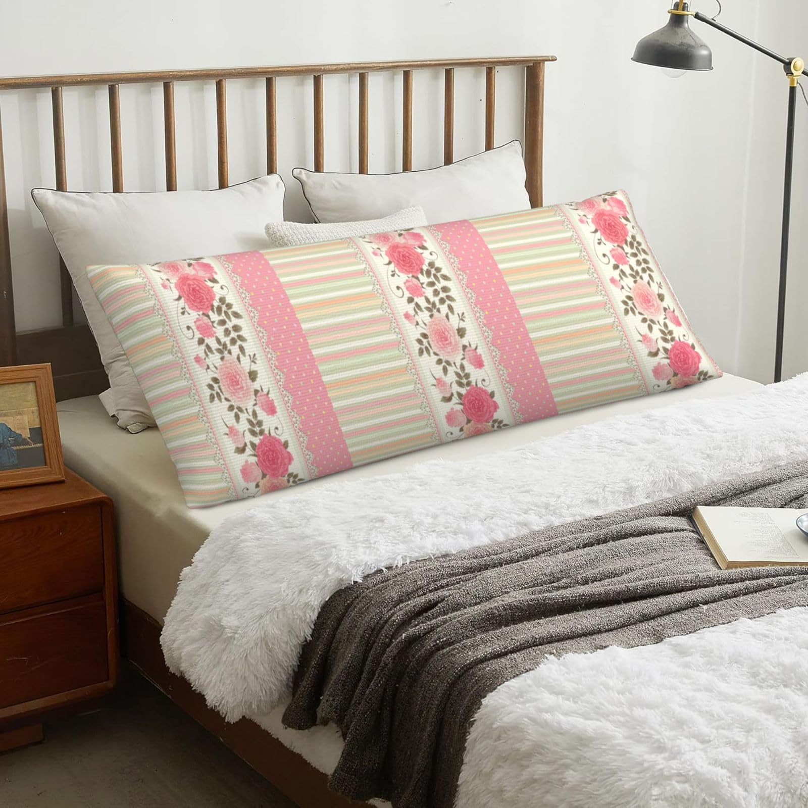 Pink Floral Polka Dots Neutral Striped Combo Vintage Shabby Chic Flower Lace Pattern, Body Pillow Cover with Zipper,Long Body Pillowcase 20 x 60 in