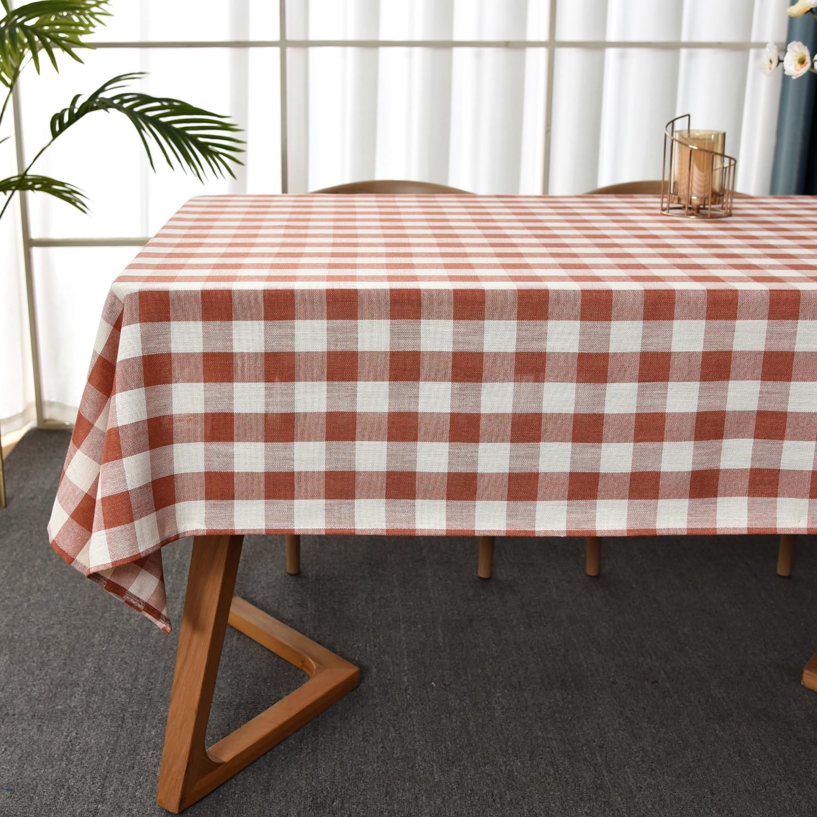 Yofori Gingham Tablecloth, Heavy Duty Cotton Blend Table Cloth for Rectangle Tables Checkered Table Cover for Kitchen Dinning Outdoor Picnics (Orange, 135 x 250 cm)