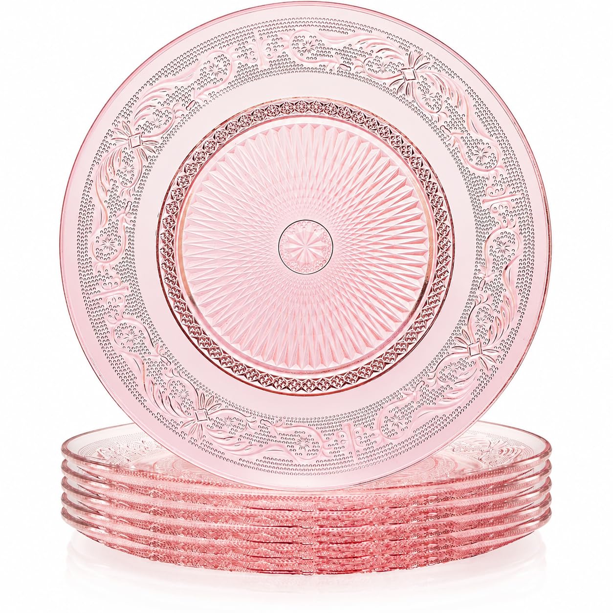 Art Deco Vintage Kristall rosa Teller | Set mit 6 Stück | Einzigartige 26,7 cm Speiseteller – Abendessen, Ladegerät, Dessert-Servierer, Vorspeisenteller, Snack, Obst, Handwäsche, Einweihungsgeschenk