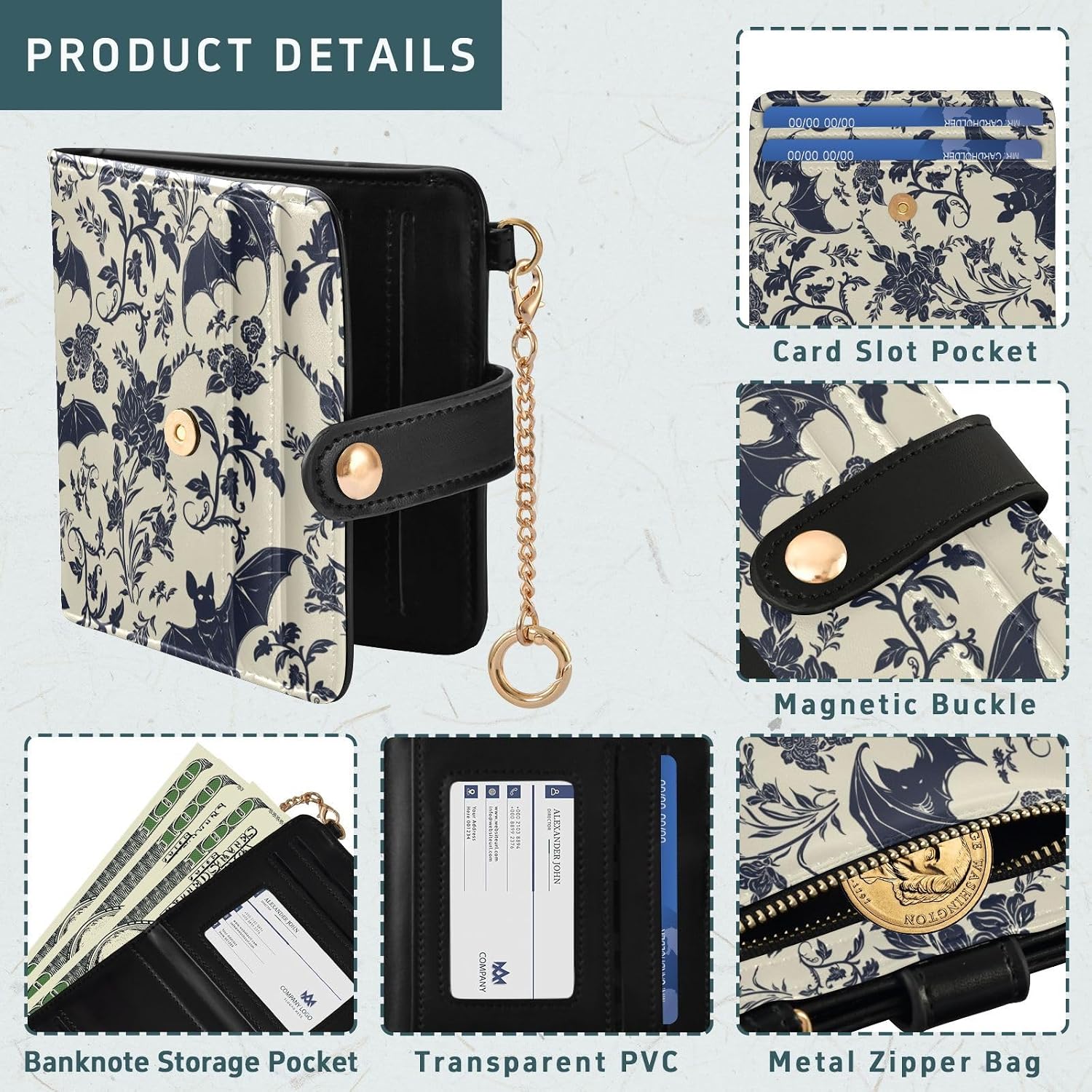 Goth Bats Floral Women Bifold Wallet RFID Credit Card Holder image 5