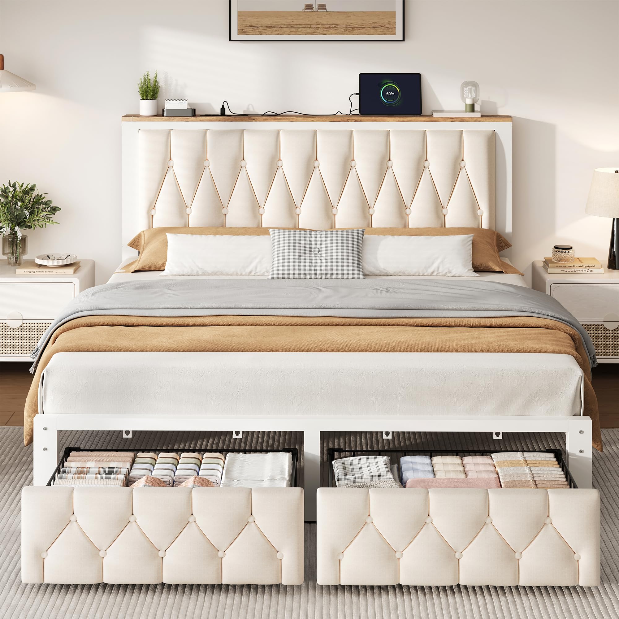 decofy queen bed frame with 2 storage drawers, upholstered platform bed frame with charging station, metal slat support, no box spring needed, noise-free, beige