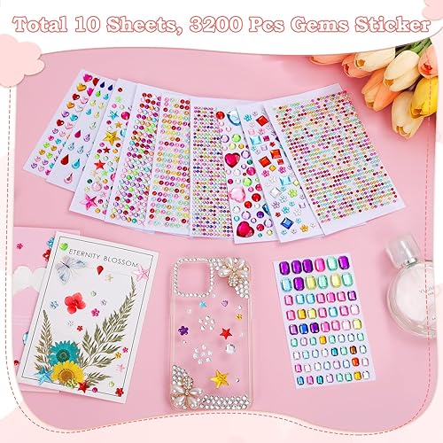 Miniatura 9 de Lezmarket 3200 calcomanías de gemas para manualidades infantiles, 10 hojas de gemas autoadhesivas para manualidades, calcomanías de piedras