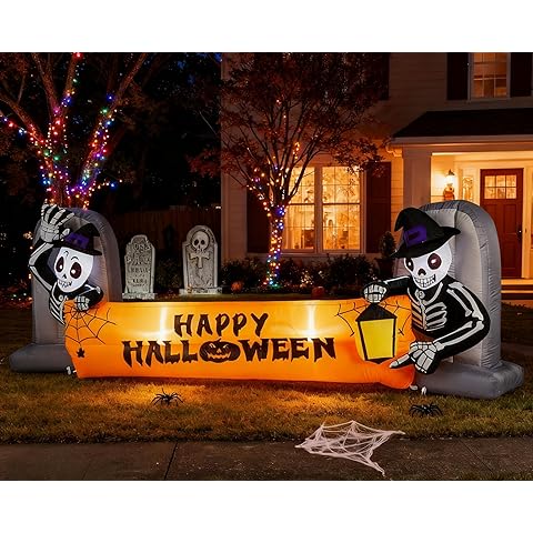 10FT Halloween Inflatable Decorations Skeleton Tombstone Banner, Build-in LED Lights Holiday Blow Up Yard Decoration for Halloween Holiday Party Outdoor, Garden Yard Lawn Decor