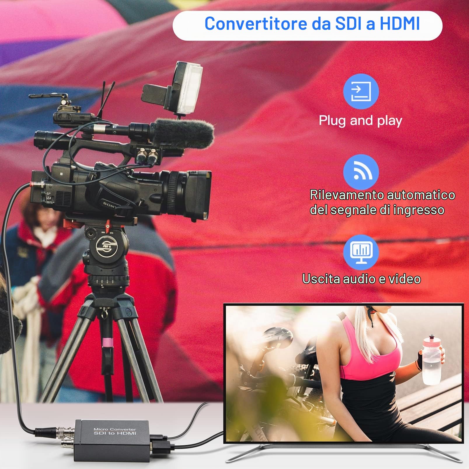 Convertitore da SDI a HDMI con SDI Loop Out, SDI to HDMI Converter, Rilevamento Automatico del formato per Segnale 3G-SDI, HD-SDI, SD-SDI da Visualizzare sullo Schermo HDMI