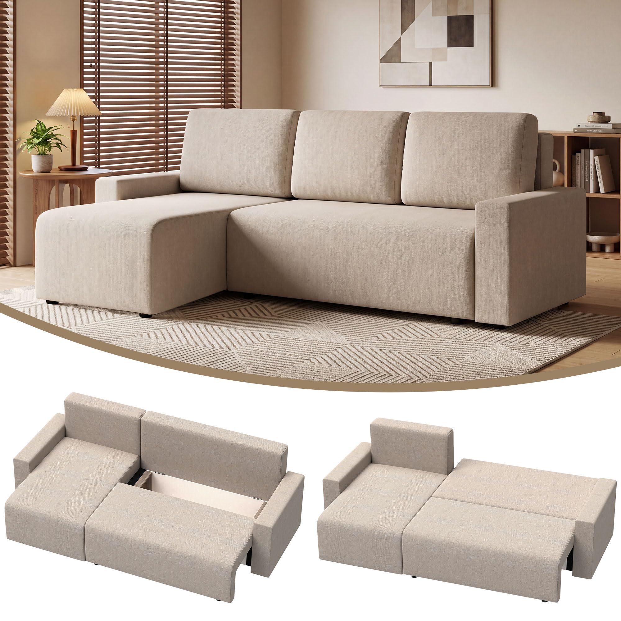 HOMCOM Ecksofa L-Form mit Schlaffunktion Umkehrbarer Chaiselongue Beige | 3-Sitzer Sofa, 2-in-1 Schlafsofa, Veloursbezug, Schlafcouch für Wohnzimmer, Hergestellt in der EU