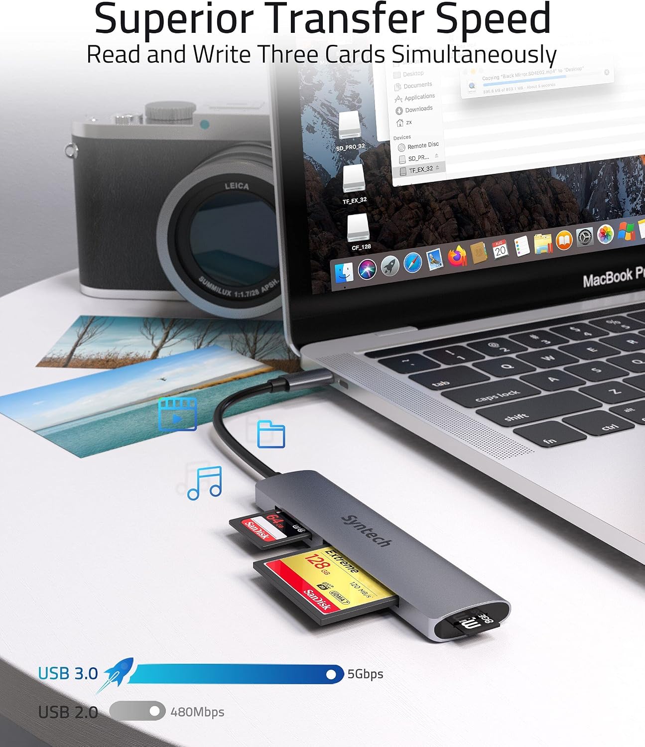 USB C Card Reader, Syntech 3- in-1 Thunderbolt 3 Memory Card Reader Hub for CF, SD/SDHC, TF/Micro SD Compatible with MacBook Pro,iPad Pro 2020, iPad Air 4, Galaxy S20/S10 and More, Space Grey
