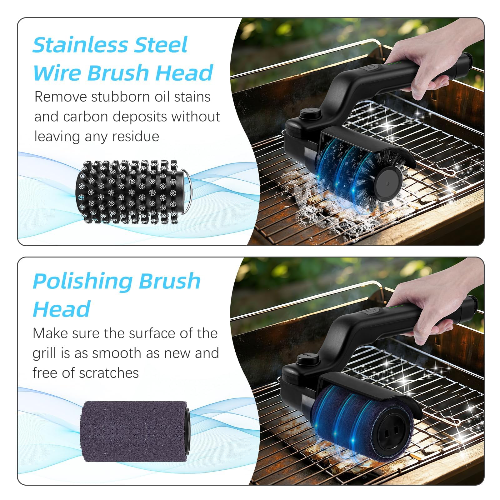 ZVD Pulisci Griglia BBQ Elettrico, Spazzola Ricaricabile per la Pulizia Del Griglia Senza Fili con 3 Velocità e 2 Testine, 180° Regolabile Setole Acciaio Inox Strumento di Pulizia per BBQ Griglia (#1)