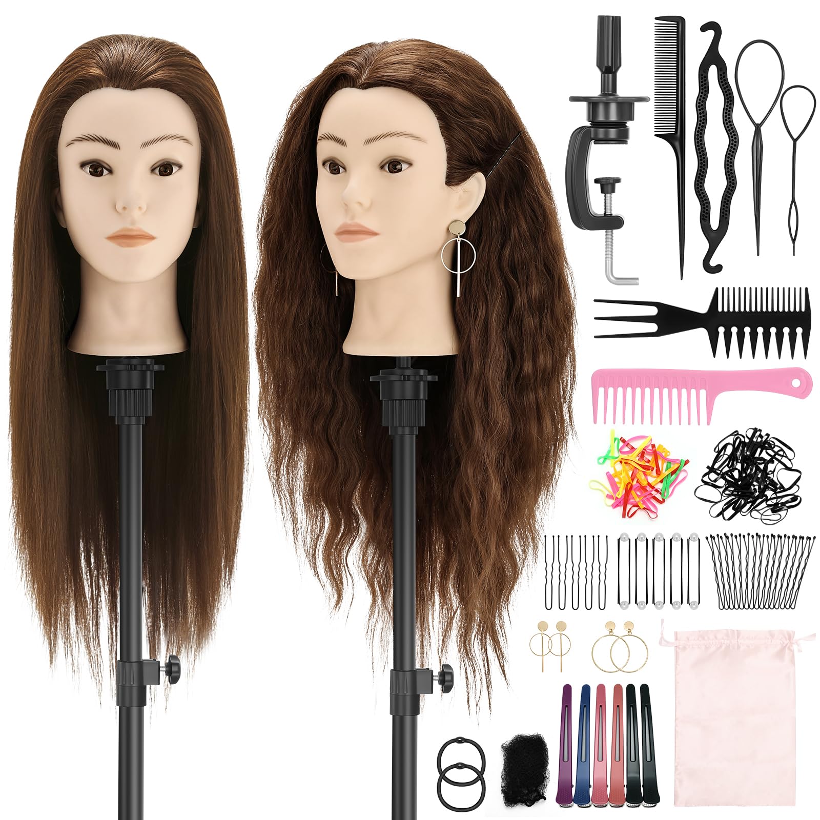 Frisierkopf, Frisierkopf mit 90 % Echthaar, 61 cm, Puppenkopf für Haarstyling, Kosmetologie und Training, Stylingkopf mit Tischklemmenhalter, Braun