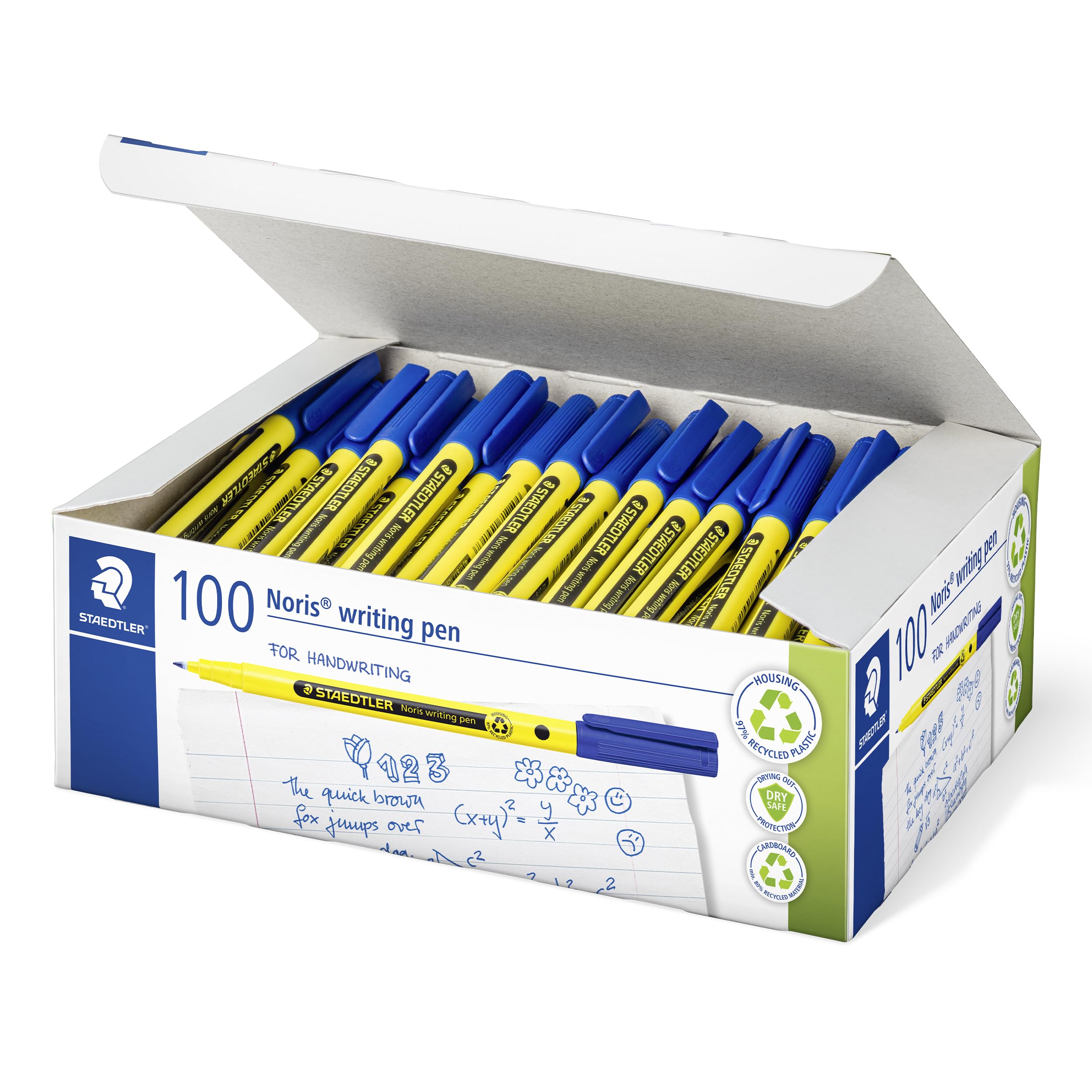 STAEDTLER Noris writing pen 307 Fineliner, housing made of 97% recycled plastic according to ISO 14021, fineliner in school box, blue, 100 ST, 307-3 C100