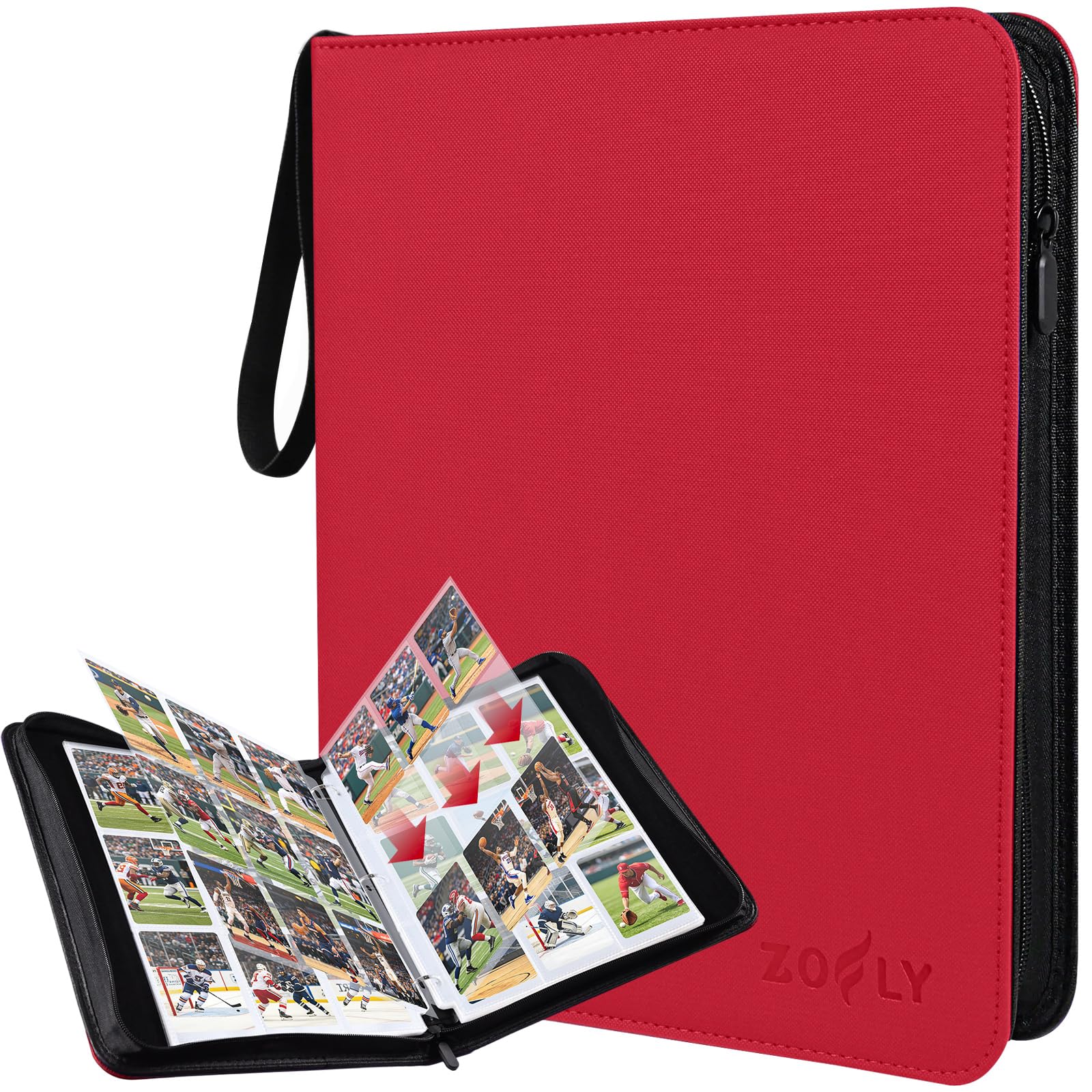 Confezione da 50 raccoglitori per carte collezionabili a 9 tasche, 3 anelli, di alta qualità, con cerniera, 900 grandi capacità di archiviazione per carte sportive, in poliuretano, per TCG, MTG