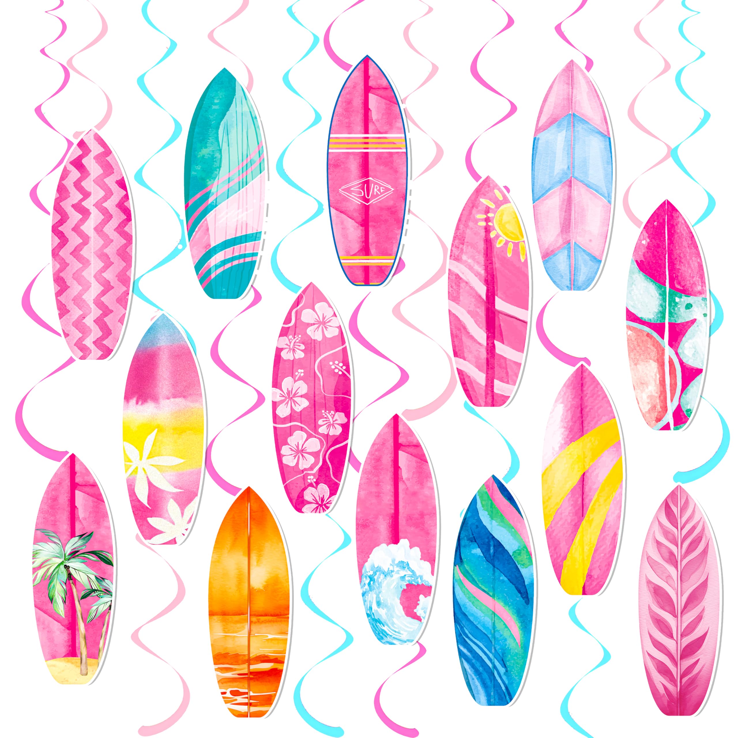 20pcs Vintage Surfing Surfboard Hanging Swirls Pink Surf Surfboard Theme Hanging Decorations Summer Surfing Party Ceiling Swirls Streamers for Summer