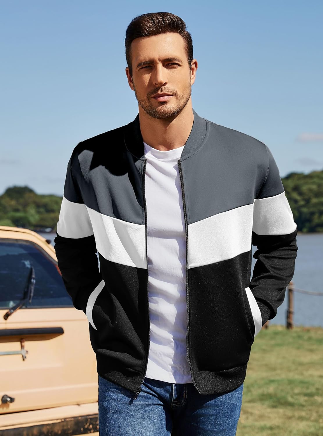 Men's Lightweight Varsity Jacket Casual Bomber Jacket Stylish Color Block Windproof Coat - Image 2