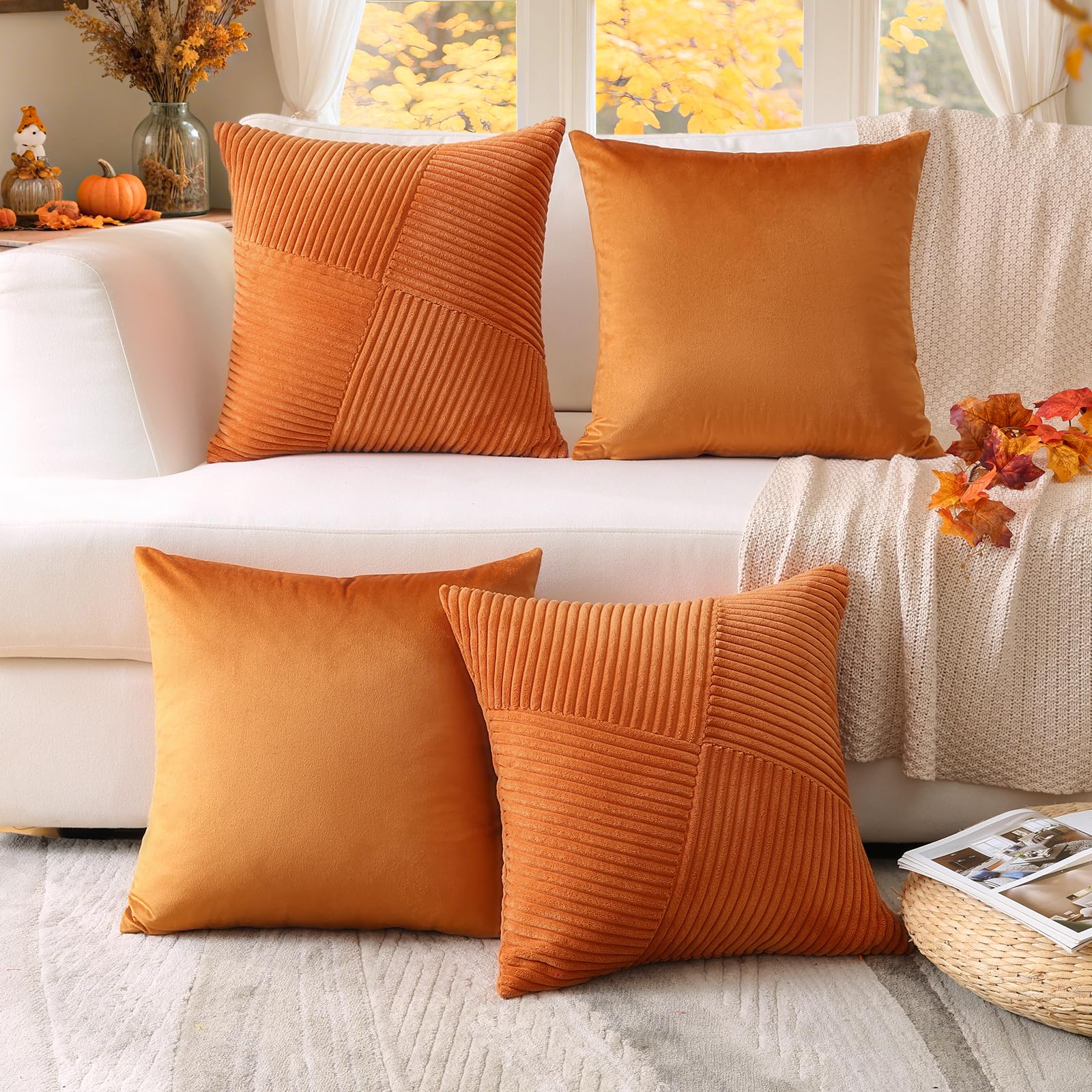 Housses de coussin en velours côtelé patchwork orange au fini doux pour décoration raffinée