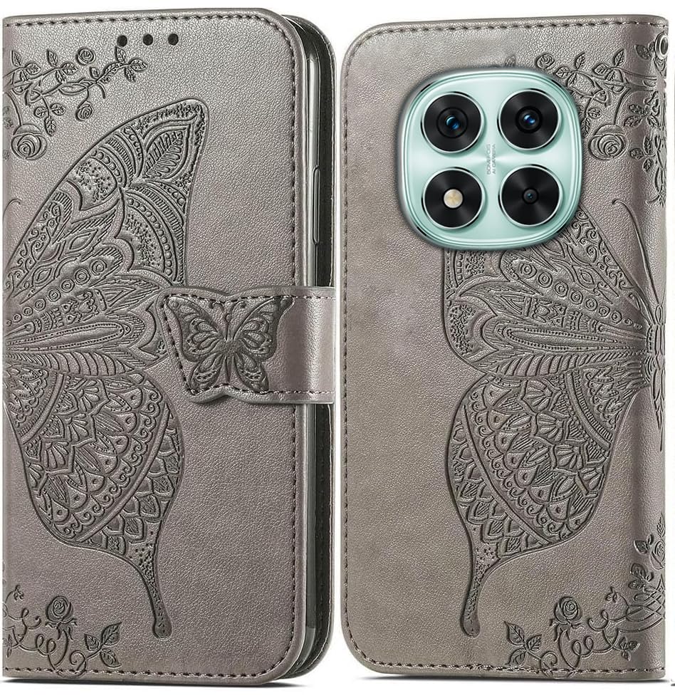 Image of ClickCase Butterfly Series for Redmi Note 15 Pro 5G Leather Embossing Wallet Flip Case Kick Stand Magnetic Closure Flip Cover for Redmi Note 15 Pro 5G (Grey)
