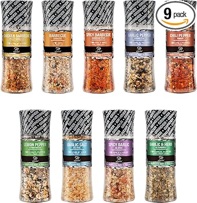 Soeos Spice Seasoning Set of 9 with Integrated Grinders, Individual Spice Grinder, Pure and Fresh Perfect for BBQ Seasoning Gift Set, Grilling Spice, Pepper Grinder,colorful