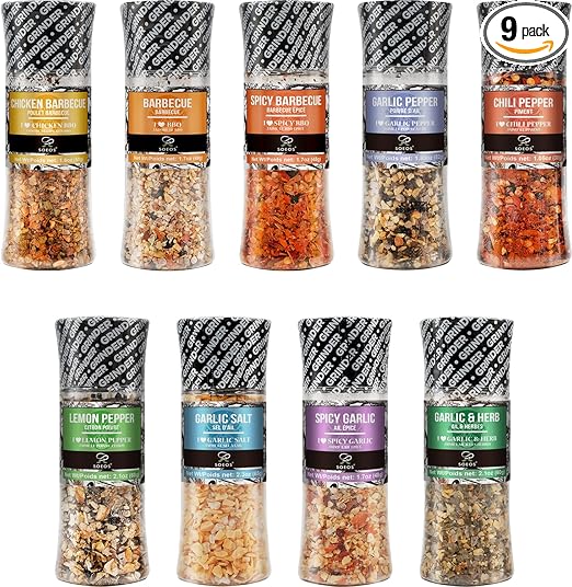 Soeos Spice Seasoning Set of 9 with Integrated Grinders, Individual Spice Grinder, Pure and Fresh Perfect for BBQ Seasoning Gift Set, Grilling Spice, Pepper Grinder,colorful