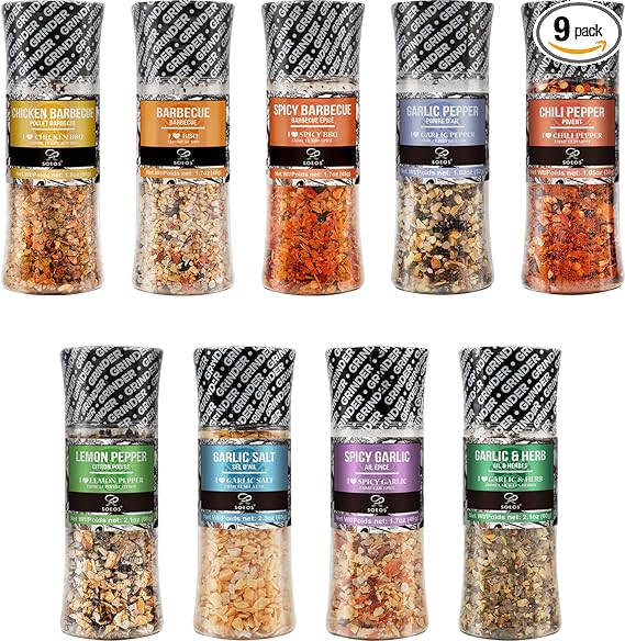Soeos Spice Seasoning Set of 9 with Integrated Grinders, Individual Spice Grinder, Pure and Fresh Perfect for BBQ Seasoning Gift Set, Grilling Spice, Pepper Grinder,colorful