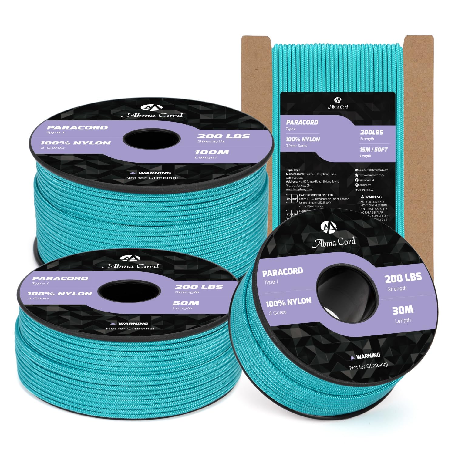 Abma Cord 2mm Paracord 50m Nylon Rope 3 Strands Type I Cord for DIY, Camping, Outdoor - Max. 90kg (200lbs) - Turquoise