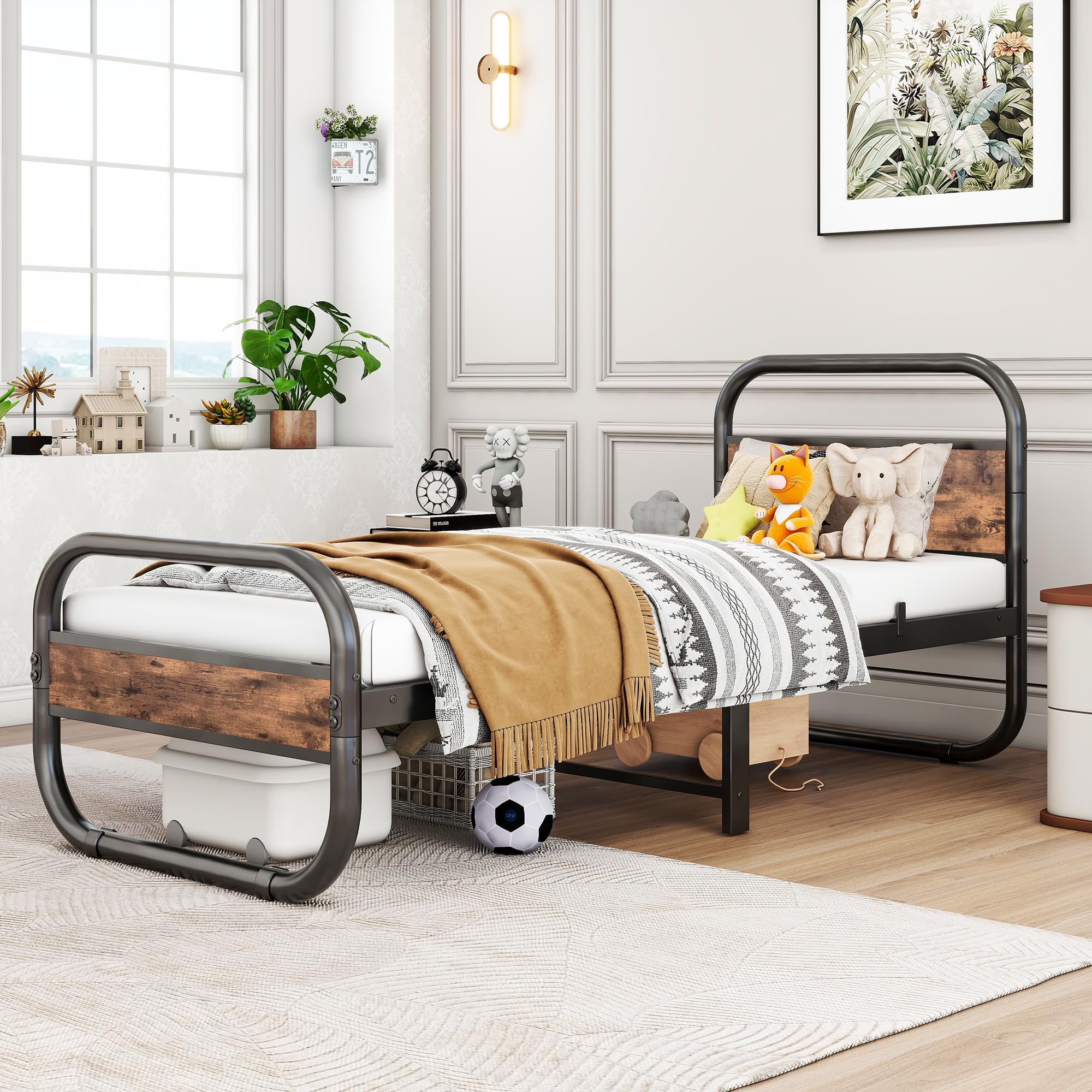 HOMERECOMMEND Łóżko 90 x 200, rama łóżka z metalu i drewna ze stelażem, łóżko metalowe, 90 x 200 cm, kolor czarny i brązowy