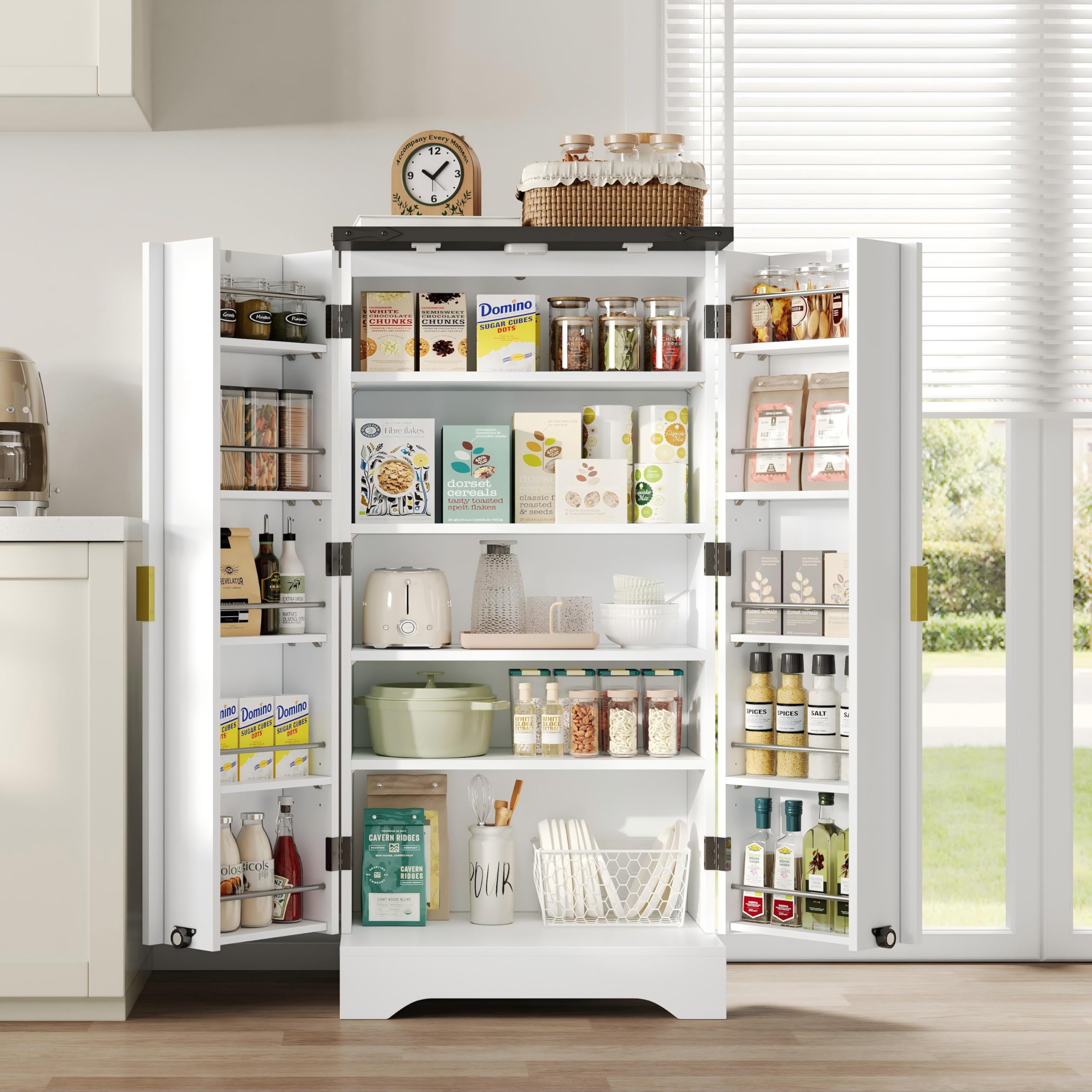 Küchenschrank mit Gewürzregal – Moderner Doppeltür-Hochschrank 120x60.5x40cm, Verstellbare Regalböden, Holzmaserung-Finish, Stauraum für Küche & Esszimmer (Weiß)