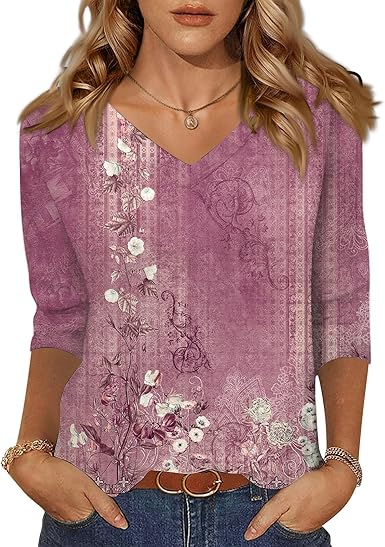 HTHLVMD Womens 3/4 Length Sleeve Tunic Tops Summer Fall Outfits 2025 Three Quarter Sleeve Casual V Neck T Shirts for Women