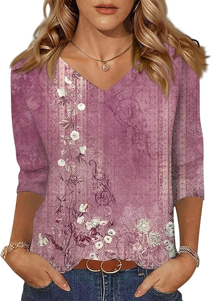 HTHLVMD Womens 3/4 Length Sleeve Tunic Tops Summer Fall Outfits 2025 Three Quarter Sleeve Casual V Neck T Shirts for Women