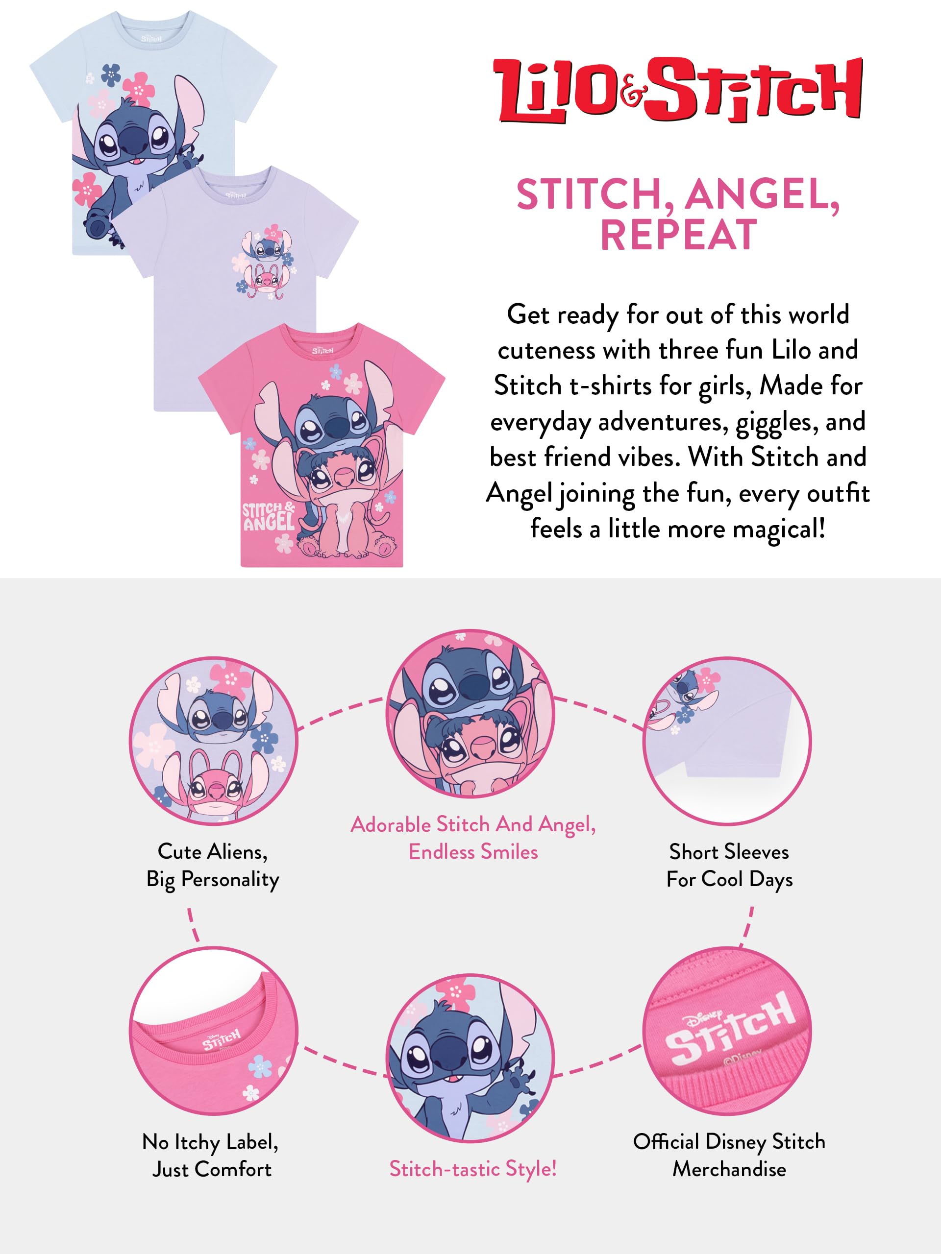 Disney Lilo Y Stitch Pack De 3 Camisetas Niña, Camiseta Stitch Y Angel, Top Niñas Multipack, Ropa Niña