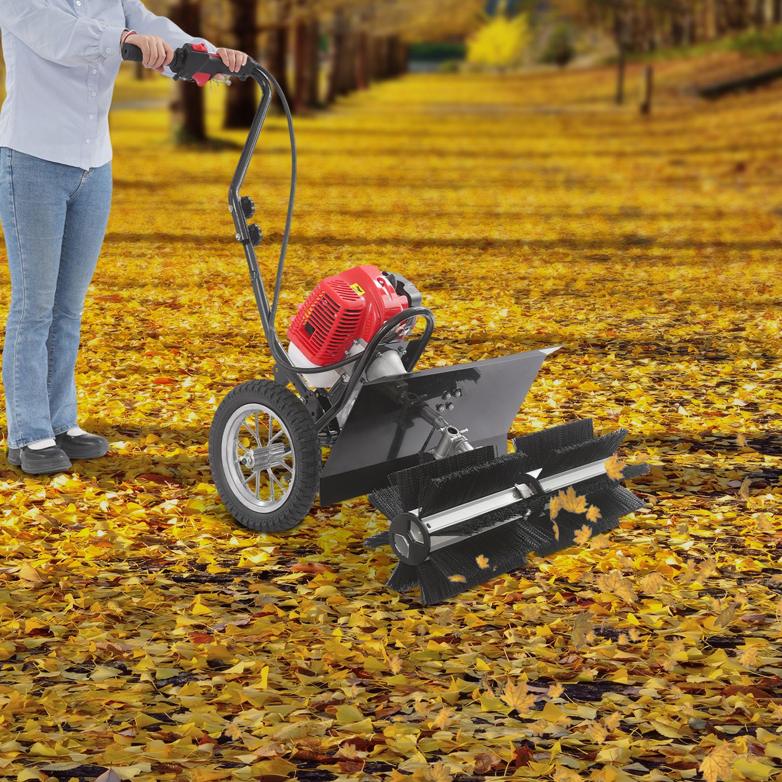 Benzin Kehrmaschine 43cc Motorbesen 1.25kW, Handgeführte Kehrmaschine mit 60cm Kehrbreite, Power Sweeper 8500rpm für Kunstrasen, Gehwege & Schneeräumung, Höhenverstellbar, Schwarz